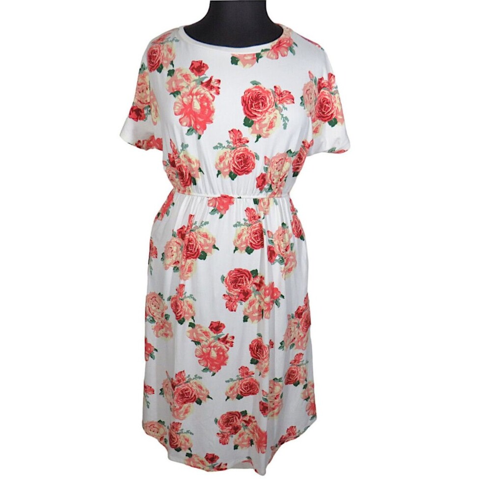 Reb And J Ivory Floral Rose Print Short Sleeve Midi Dress -Pockets- Size Large